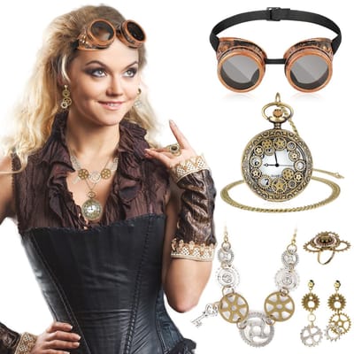 Dailygoods- Steampunk-accessoires Set van 6 - Steampunk-bril - Mechanisch Zakhorloge - Halsketting/Oorbellen - Ring - Retro Futurisme - Kostuumaccessoires