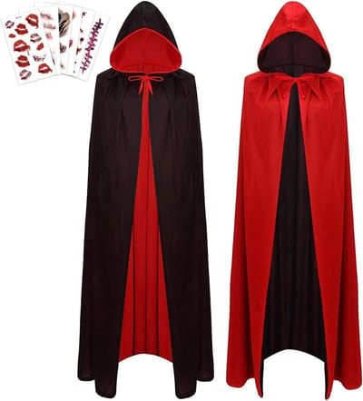 Vampier Cape met Kap Kostuum voor Halloween met Tijdelijke Tattoos - Dubbelzijdige Polyester Cape voor Volwassenen en Kinderen voor Cosplay en Feestelijkheden