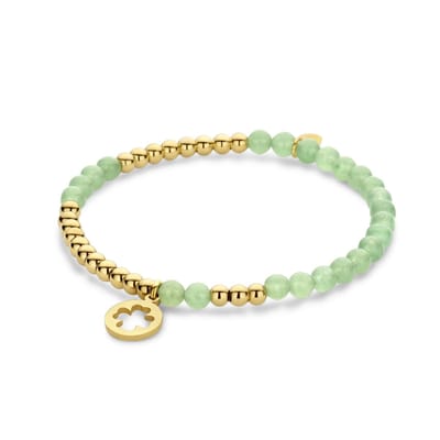 CO88 Collection 8CB-91268 Kralen Armband Staal en Jade met Hangertje - Klaver - 10mm Doorsnee - 4 en 3,5mm - Rekbaar - 17,8cm - Goudkleurig;Groen