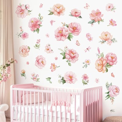 Dailygoody - Muursticker Roze Pioenbloem - Wanddecoratie - Multikleur - Waterverf Bloemen - Geschikt voor Babykamer en Slaapkamer