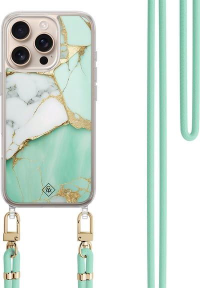 Casimoda® hoesje met koord - Geschikt voor iPhone 16 Pro - Marmer Mintgroen - Afneembaar koord - TPU/polycarbonaat - Mint