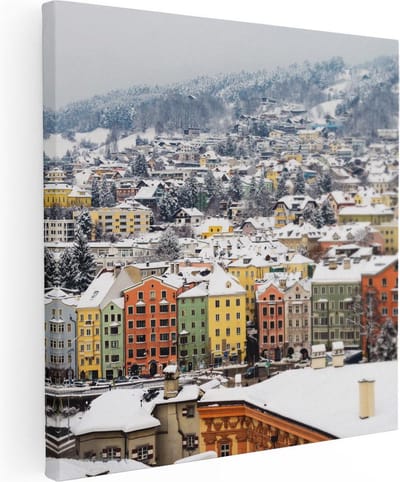 Artaza Canvas Schilderij Skyline Winter - 30x30 cm - Klein - Muurdecoratie Stad - Wanddecoratie Bergen - Kamer Accessoires