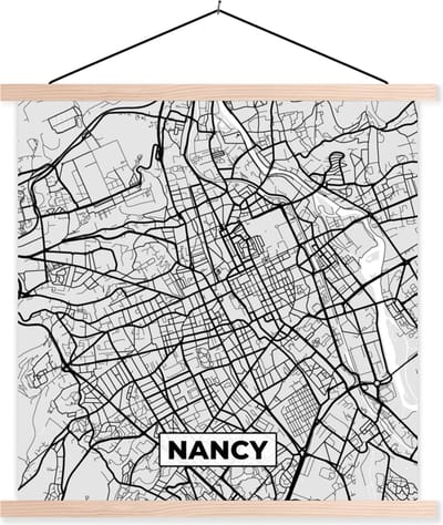 Posterhanger incl. Poster 40x40 cm - Schoolplaat - Plattegrond - Kaart - Stadskaart - Frankrijk - Nancy - Textielposter - Blanke latten - Stadskaart