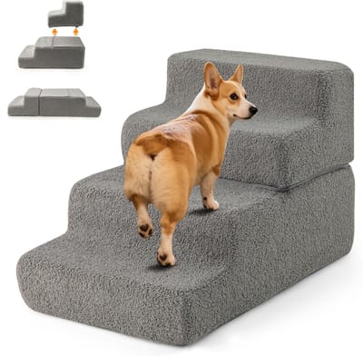 COSTWAY Hondentrap, 4 treden, antislip hondentrede van schuim, 2 + 2 design, huisdiertrap voor kleine honden en katten, afneembare kattentrap, hondentrap voor bank, bed, wasbare overtrek, grijs