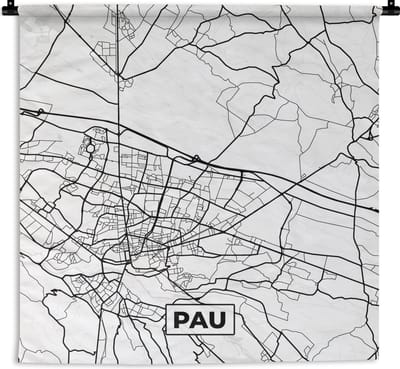 Wandkleed - Wanddoek - Frankrijk - Plattegrond - Pau - Stadskaart - Kaart - Zwart wit - 180x180 cm - Wandtapijt