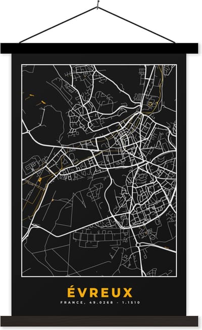 Posterhanger incl. Poster 40x60 cm - Schoolplaat - Kaart - Plattegrond - Frankrijk - Évreux - Stadskaart - Textielposter - Zwarte latten - Stadskaart