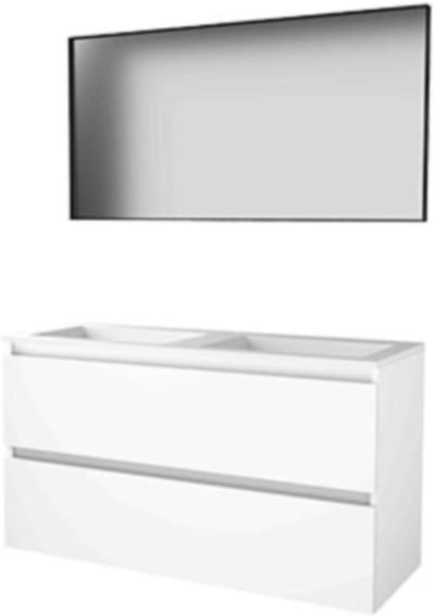 Basic-Line Framed 46 Badkamermeubelset - 120 x 46 cm - Greeploos - 2 Lades - Acryl Wastafel - Zonder Kraangat - Spiegel met Zwart Aluminium Frame - Ice White