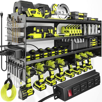 Grote Power Tool Organizer Wandmontage met laadstation - Heavy Duty Metalen Tool Opslag Rack voor 600 lbs en 8 Draadloze Boorhouders