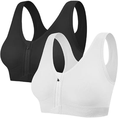 Peysaitr - Sportbeha - Voorkant Rits - Elasticiteit - Voor dames - Zonder beugels - Geschikt voor Yoga, Hardlopen, Fitness - Zwart/Wit - Maat L - 2 stuks
