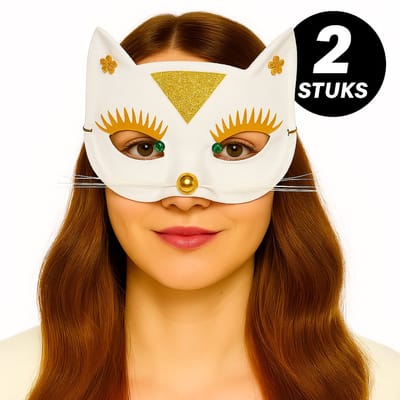 Kattenmasker Wit & Goud – Verkleedmasker met Snorharen – Set van 2 Stuks – Dames & Heren – Carnaval, Feest & Themafeest