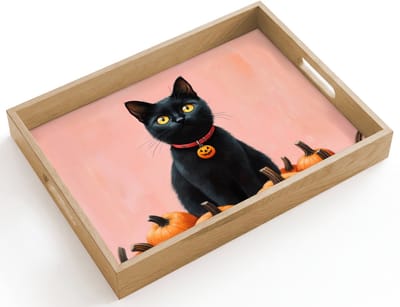 Dienblad hout 40x30 cm - Schootdienblad - Kat - Pompoen - Roze - Borrelplank rechthoek - Plateau dienbladen