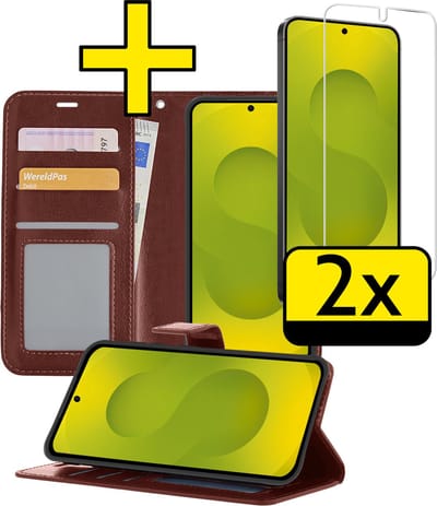 Hoesje - Met 2x Screenprotector - Geschikt voor Samsung Galaxy S25 - Luxe Pasjeshouder - Bookcase Portemonee - Flip Case - Kunstleer Book Case - Flipcase Hoes - Book Cover - Walletcase - Portemonneehoes - Telefoonhoesjes - Bruin