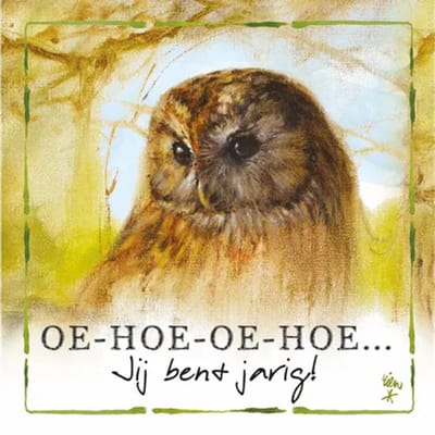 Rien Poortvliet Wenskaart OE-HOE-OE-HOE… Jij bent jarig! – Uil – 13,5 x 13,5 cm