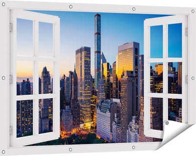 Gards Tuinposter Doorkijk New York bij Zonsopgang - 120x80 cm - Tuindoek - Tuindecoratie - Wanddecoratie buiten - Tuinschilderij