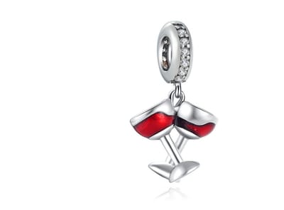 Fler® | Bedel | Past op populaire bedel armbanden (standaard-3mm) | armbandbedel | Vakantie bedel | Reizen charm | Glas wijn | Vriendinnen | 925 Sterling Zilver | Emaille rood | Zirkonia | Vriendschap, Verjaardagsgeschenk, Cadeau | Valentijn kado