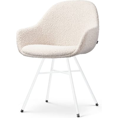 Nolon Noa-Mae Eetkamerstoel Bouclé Beige - met Armleuning - Stof - Wit Metalen Poten - Design - Scandinavisch - Comfortabel