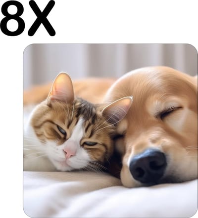 Luxe Placemat - Schattige Hond en Kat - Poes - Set van 8 Placemats - 50x50 cm - 2 mm dik Vinyl - Anti Slip - Afneembaar