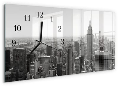 Tulup Wandklok - New York Gekleurde Glazen Klok - 60x30 cm - Zwart-wit Glazen Klok Met Print - Zwarte Handen - Rechthoekige Wandklok - Gekleurde Glazen Klok - Glazen Klok Met Print