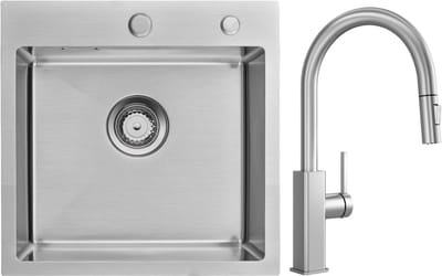 Auralum max Spoelbak Met Kraangat - Spoelbak Keuken Met Uittrekbare Uitloop Keukenkraan - Spoelbakken Keuken - Keuken Gootsteen 45 x 45 cm - Keuken Gootsteen met Sifon en Afvoerzeefje - Zilver