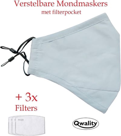 Qwality® Mondkapje Wasbaar - MET Filter Zakje en 3 Filters - Verstelbaar Mondmasker - Stof - Katoen - Met Neusbrug - Licht Blauw