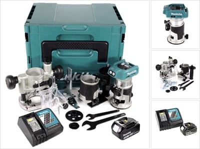 Makita DRT 50 RF1J X2 18 V Li-Ion accu borstelloze multifunctionele frees in Makpac incl. freesmodules + 1x 3,0 accu + oplader