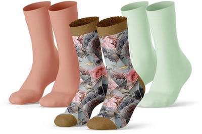 Sock My Feet - Sokken Dames - 3-Pack - Maat 36-38 - Duurzaam & Naadloos - Geo Roses Print & Effen