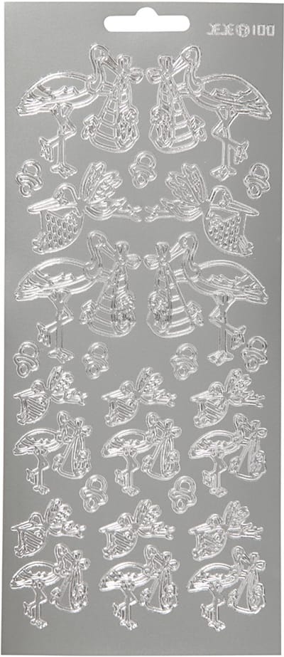 Stickers, ooievaar met baby, vel 10x23 cm, zilver, 1 vel