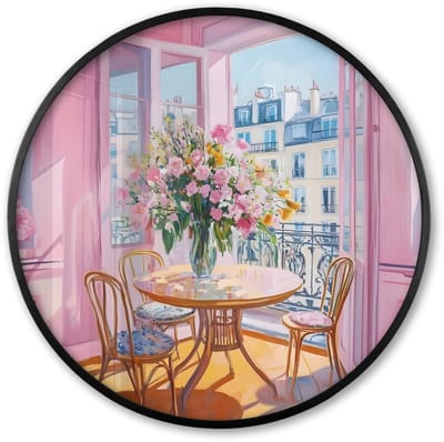 Poster in lijst Rond - Fotolijst 60x60 cm - Posters - Pink - City - Bloemen - Ronde posterlijst zwart - Decoratie - Wanddecoratie woonkamer - Muurdecoratie slaapkamer