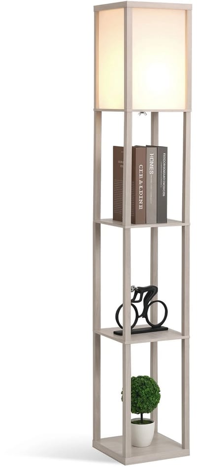 House of Balance Multifunctionele Vloerlamp - Opbergkast 3 Laags met Licht - Staande lamp - Stalamp - Opberg & Decoratie – Vloerlamp Hout – Sfeerverlichting Woonkamer - Wit