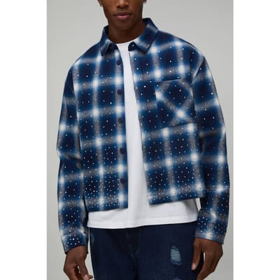 Oversized Crop Scatter Rhinestone Shirt | Blue | Size Medium