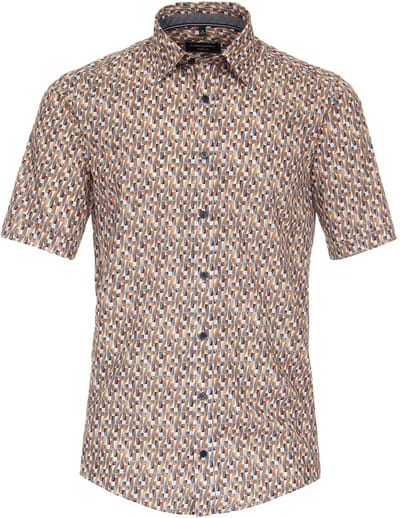 CASA MODA Sport casual fit overhemd - korte mouw - popeline - wit met beige en oranje dessin - Strijkvriendelijk - Boordmaat: 51 - 52