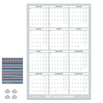 Huurdies Jaarplanner 2027 – Maandagstart – Inclusief Planningsstickers & Ophangstickers – 115 g/m² Blueback – Weekenden Gekleurd – Frosted Glass
