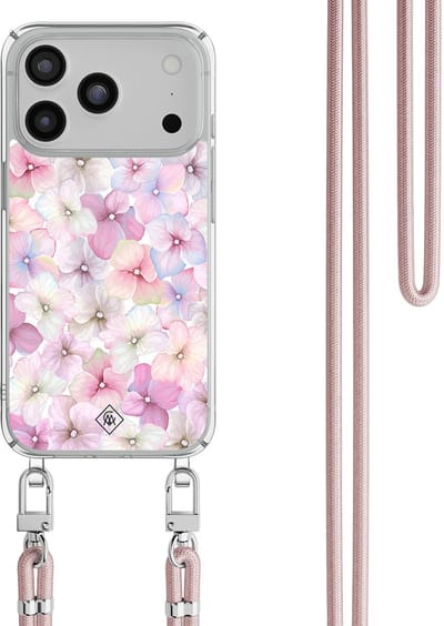 Casimoda® hoesje met rosegoud koord - Geschikt voor iPhone 17 Pro Max - Hortensia - Afneembaar koord - TPU/polycarbonaat - Paars