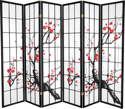 Fine Asianliving Japanse Kamerscherm B270xH180cm 6 Panelen Shoji Rijstpapier Zwart - Sakura