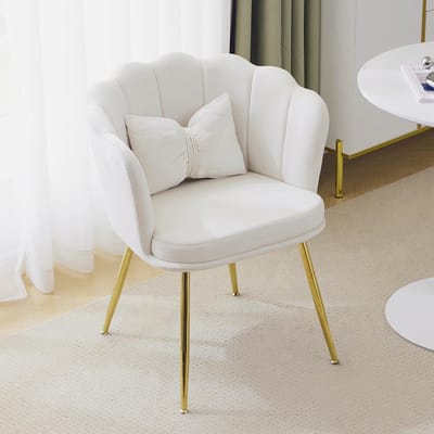 BLACKCOLORS Moderne fluwelen fauteuil, badstoel, comfortabele, gestoffeerde en decoratieve stoel met bloembladerenrugleuning en vergulde metalen poten en vlinderkussens voor slaapkamer/eetkamer