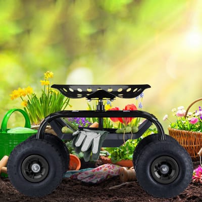 tuinkruk op wielen - garage - 150 kg - hoogte verstelbaar 48-56 cm - verrijdbaar - zwart