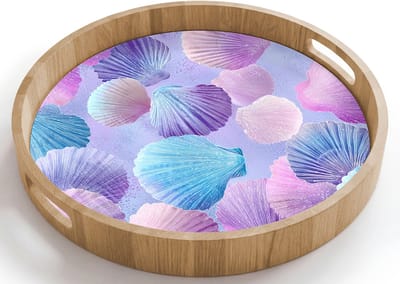 Dienblad rond 40x40 cm - Schootdienblad hout - Schelpen - Paars - Blauw - Patroon - Borrelplank rechthoek - Plateau houten dienbladen