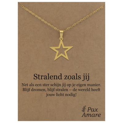 Stainless Steel Ster ketting op Cadeau Kaartje - Stralend zoals jij - 45cm Zilverkleurig Roestvrij Staal - Pax Amare