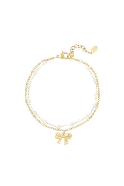 Armband Dames – Dubbele Armband met Parels en Strik – Goudkleurig – RVS – Verstelbaar – Abeillefashion