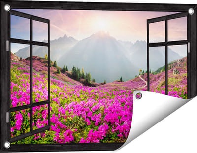 Gards Tuinposter Doorkijk Rhododendron Bloemenveld in de Alpen - 60x40 cm - Tuindoek - Tuindecoratie - Wanddecoratie buiten - Tuinschilderij