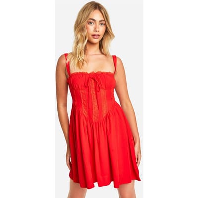 boohoo Dames Kanten Corset Smock Jurk | Rood | Maat: 36