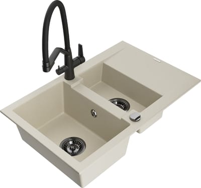 Mexen Gaspar granieten gootsteen 1,5-kamer met afdruiprek en keukenmengkraan Duo, beige - 6507-69-671701-70-B