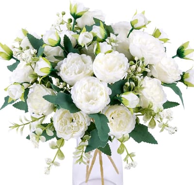 PromoHome 4 Bundels Kunstmatige Pioenrozen - Witte Bloemen Zijde Pioenen Boeketten - Boeketten voor Bruiloft, Tafelstuk en Bloemstuk - Hoogwaardige Kunstbloemen voor Thuisdecoratie