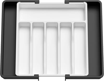 Famanu - Zilverwerk Organizer, Uitbreidbare Gebruiksvoorwerpen Tray voor Lade, Verstelbare Couvert en Bestek Houder, Compacte Plastic Lade Opbergruimte Lepels Vorken Messen, Groot, Wit en Zwart