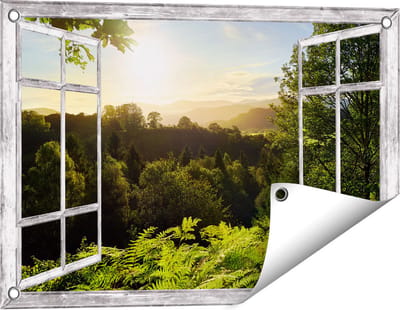Gards Tuinposter Doorkijk Zonsondergang vanuit een Bos - 60x40 cm - Tuindoek - Tuindecoratie - Wanddecoratie buiten - Tuinschilderij