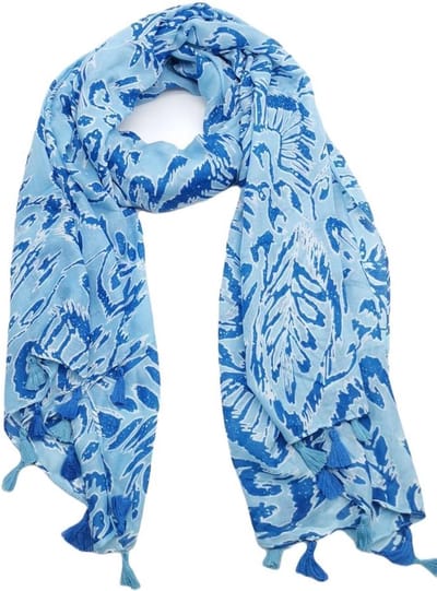 Lange dames sjaal Alita fantasiemotief blauw wit koningsblauw korenblauw
