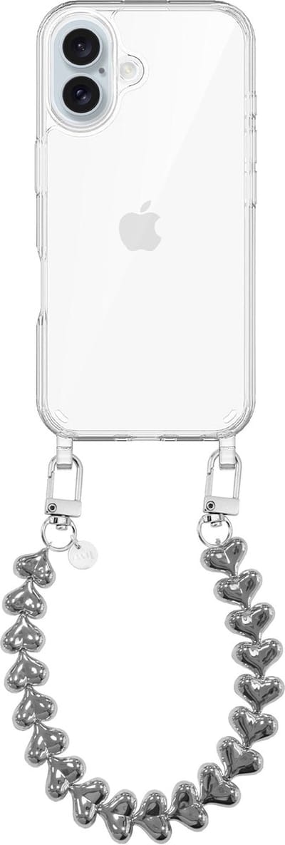 xoxo Wildhearts siliconen hoesje geschikt voor iPhone 17 hoesje - Funky Hearts - Telefoonhoesje - Hoesje met koord - Zilver koord - kort telefoonkoord - Hartjes ketting - Transparant hoesje