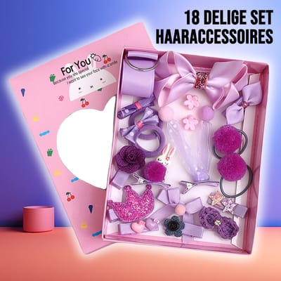 Allernieuwste.nl® 18-Delige Paarse Haaraccessoires Set voor Kinderen - Elastiekjes & Knipjes - Kinderkado