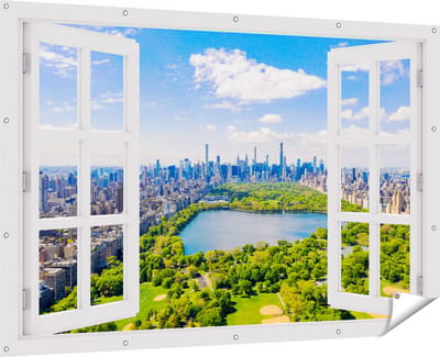 Gards Tuinposter Doorkijk Central Park in New York met Wolkenkrabbers - 180x120 cm - Tuindoek - Tuindecoratie - Wanddecoratie buiten - Tuinschilderij