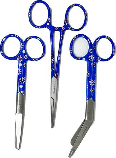 Verpleegkundige Scharenset 3-Delig – Verbandschaar, Schaar en Kocher – Medische Set – Blauw met Witte Bloemen
